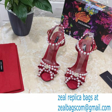 Dolce  &  Gabbana Heel 10.5cm Satin Sandals Red with Pearl Application 2021